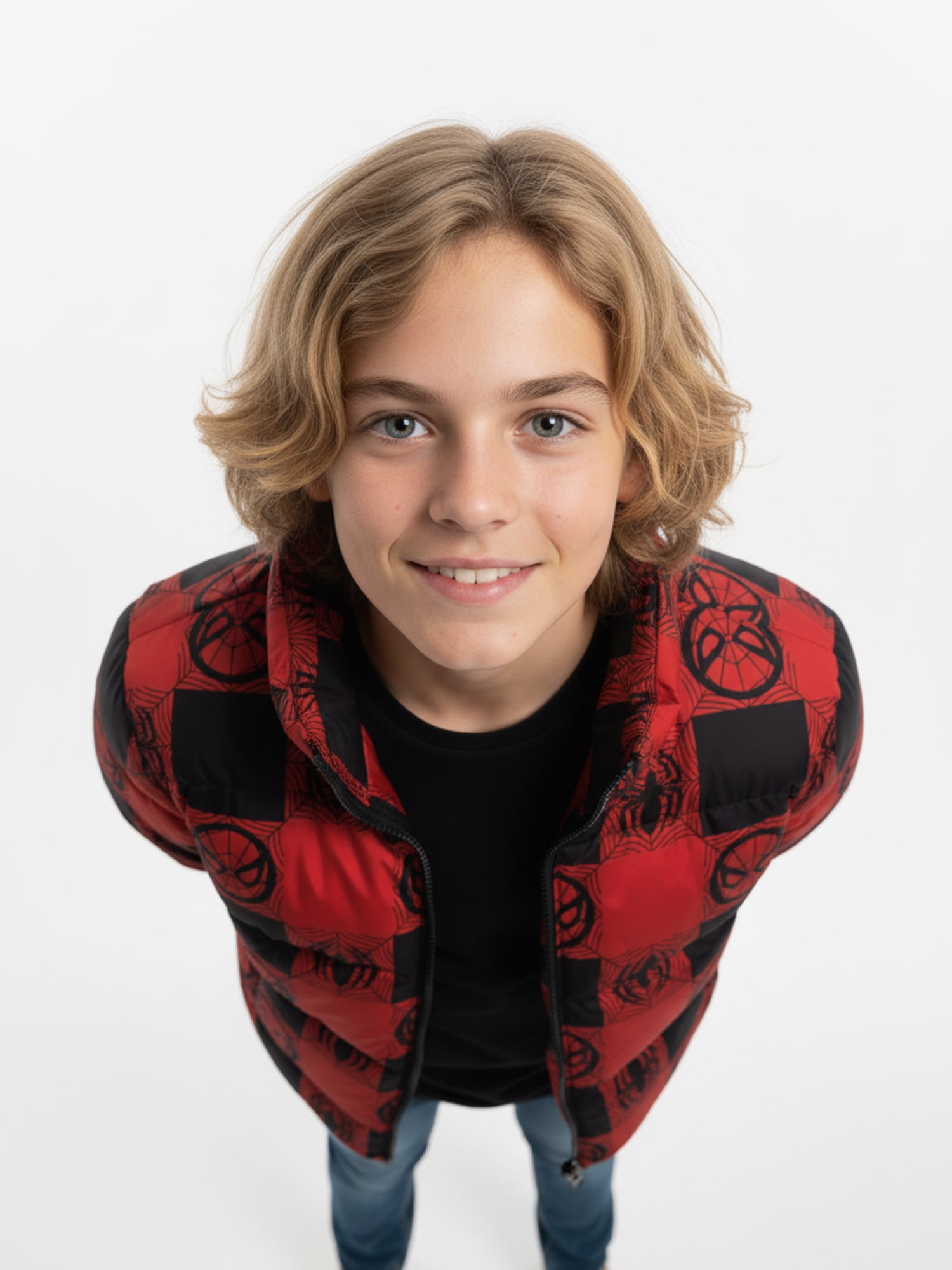 Boys’ Spider-Man Allover Logo Print Puffer Jacket, Red, Sizes XS–XL