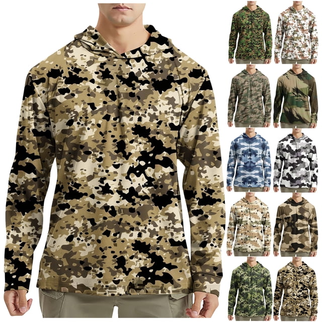 DDAPJ pyju Chandails à Capuche Camouflage pour Hommes UPF 50+ Protection Solaire Chandails à Manches Longues Camouflage Pêche Randonnée Course Chandails à Capuche Séchage Rapide Légers Respirants T-Shirts d'Entraînement Liquidation Vente Vert P