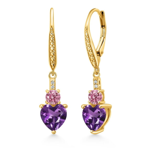 Gem Stone King 18K Yellow Gold Plated Silver Purple Amethyst Pink and White Lab Grown Diamond Drop Dangle Earrings for Women (2.33 Cttw, Heart Shape 7MM, Round 4MM)