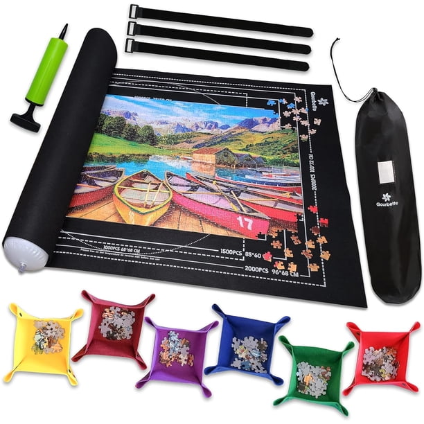 Gourbette Tapete de Rompecabezas Enrollable, Portátil, con 6 Bandejas de Clasificación, Correas de Velcro, Negro, 2000 Pzas