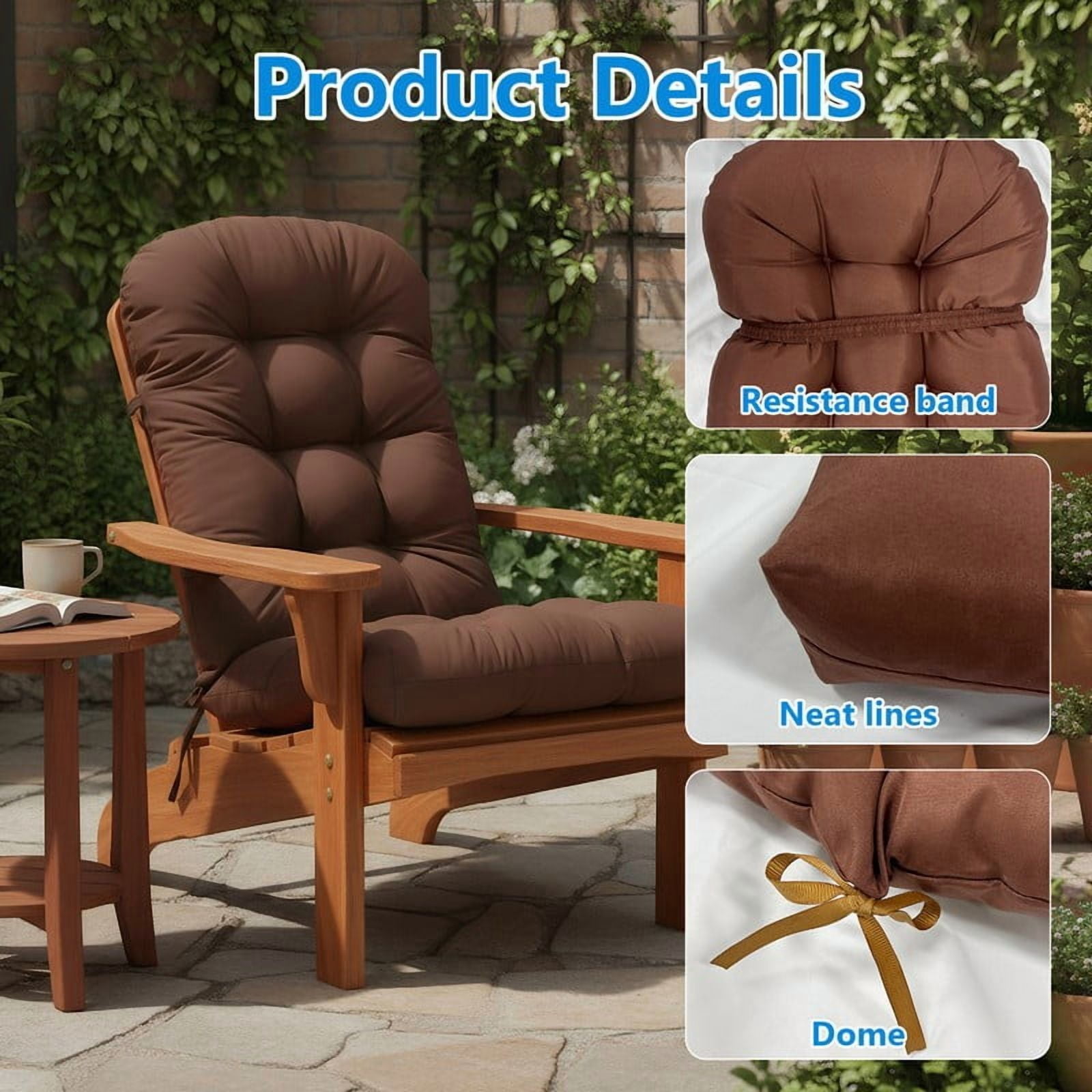 GKXLH Outdoor Adirondack Chair Cushions, Water Resistant Patio Rocking Chair Cushion, Non-Slip High Back Patio Pads with Ties (43" x 19" x 3", Dark Brown, 1 Pack)