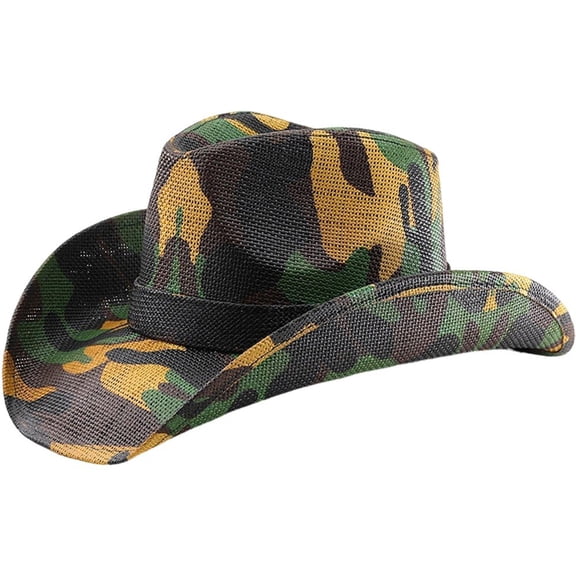 Hzzsbu Army Green Camo Cowboy Hat Straw Hat Jazz Straw Cap Panama Paper Braid Grass Western United States Cowboy Cap Fashion Travel Beach Sun Hats