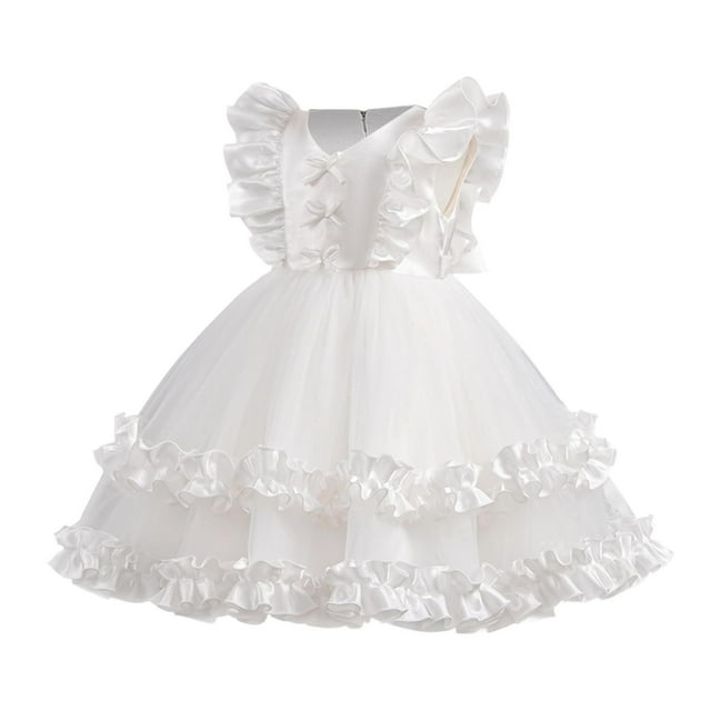 ZACPNCV Robe Tutu Fille Tulle Irrégulier Manches Volantées Ligne A Robe de Princesse Robe de Demoiselle d'Honneur Fête d'Anniversaire Robe de Bal Blanc 2-3 Ans