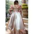 thumbnail image 2 of Women's Off-the-Shoulder Ruffled Satin Ball Gown, Burgundy & Champagne High-Low Formal Evening Dress, 2 of 2