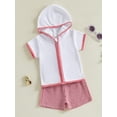 thumbnail image 5 of BemeyourBBs Toddler Terry Cloth Swim Cover Up Baby Boy Girl Swimsuit Trunks and Short Sleeve Coverup Towel Zipper Hoodies Top Seersucker Gingham Shorts Set Beach Bathing Suit Swimwear, 5 of 9