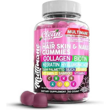 Biotin Collagen Keratin Gummies | Hair Skin and Nails Vitamins for Women | Hyaluronic Acid Bamboo Vitamin A C D3 E Folate With Saw Palmetto Silica B3 B12 Vegan Gummy By Clean Nutra