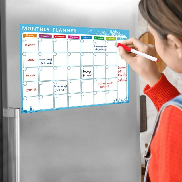 Weloille Drys Erasable Calendar, Magnetic Calendar For Fridge,Kitchen White Board Calendar For Refrigerator, Reusable Monthly Weekly Planner, With Eraser,Markers