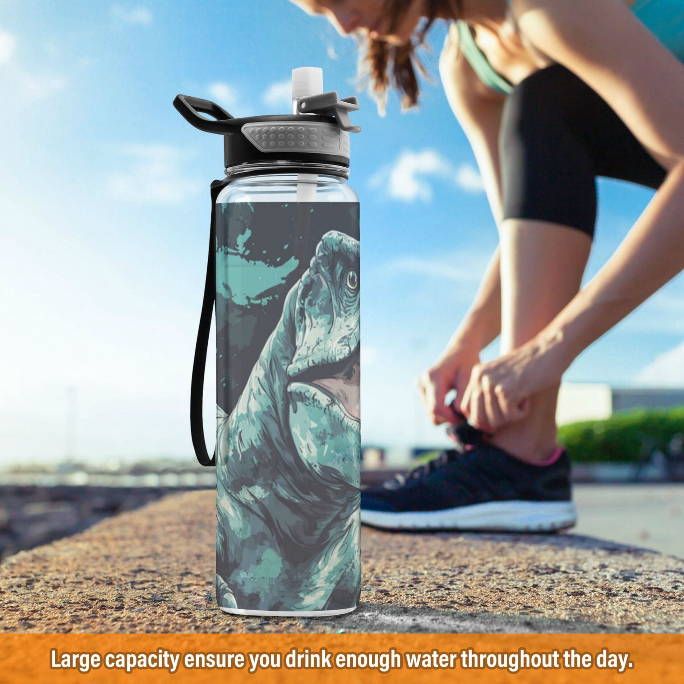 Qxltty Tyrannosaurus Rex Water Bottle 32 oz with Straw BPA Free Reusable Fitness Sport Bottle Perfect for Travel School Outdoors and Gym
