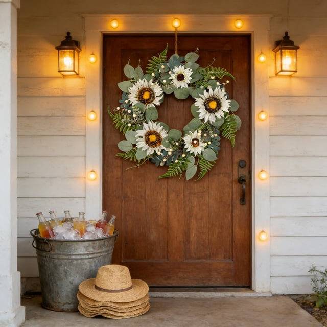 Corona para puerta principal | Corona floral artificial para decoración del hogar | Decoración de primavera/verano | Adorno para puerta o pared de interior/exterior | Hojas y flores de plástico