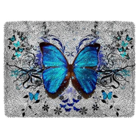 Latch Hook Rug Kit for Adults Blue Butterfly DIY Carpet Cushion with Printed Canvas Crochet Yarn Craft Hook and Latch Tapestry for Home Decoration Pets Warm Pads 52x38cm