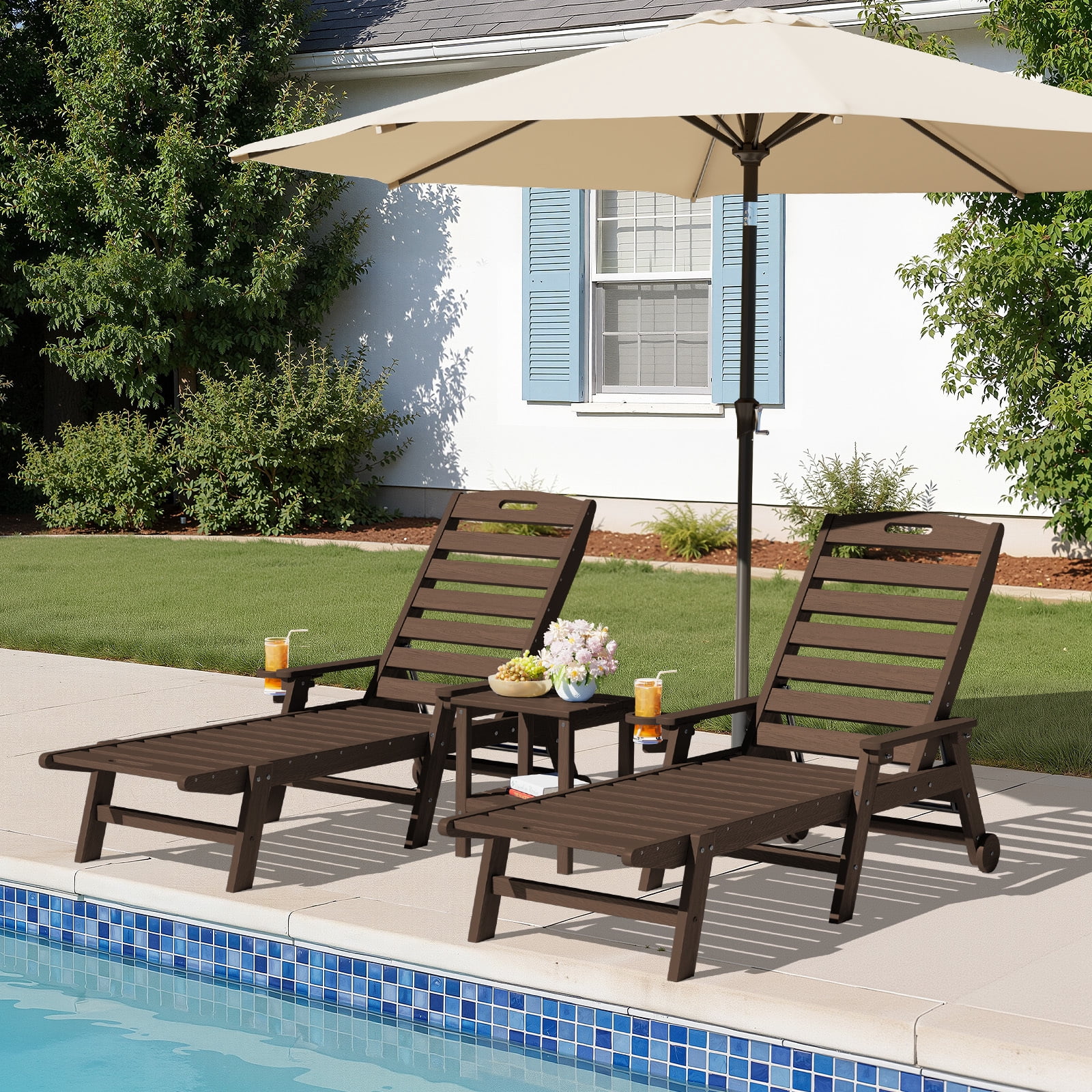 LOYALICE Adjustable Wheeled HDPE Plastic Outdoor Patio Lounge Chair W/ Cup Holder,78.3"x25.1"x16.3", Coffee