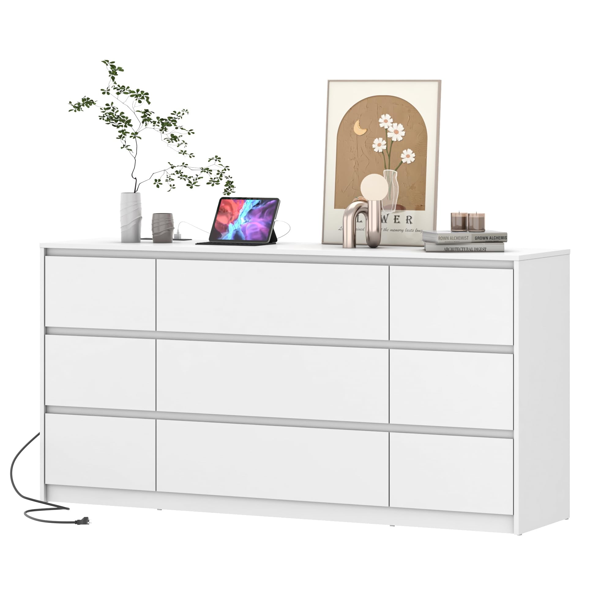 ChVans White 9 Drawers Dresser with Charging Station, 63" Long Modern Dresser with 9 Drawers for Bedroom, Large Wood Chest of Drawers Handle Free, Dresser for Bedroom, Living Room, Hallway