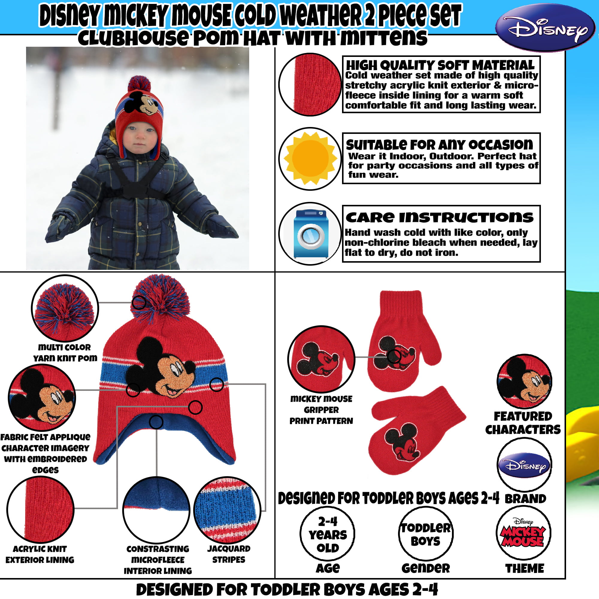 Disney Boys Toddler Mickey Clubhouse Beanie Hat and Mittens Cold Weather Set blue//red Age 2-4