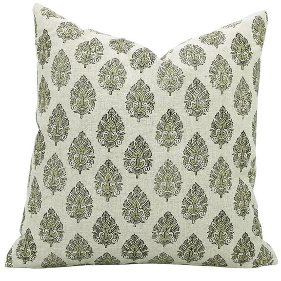 Fabdivine Floral Block Print Boho Decorative Linen Throw Pillow Cover, Handblock Printed Cushion Cover for Sofa , 22"X22", Gray