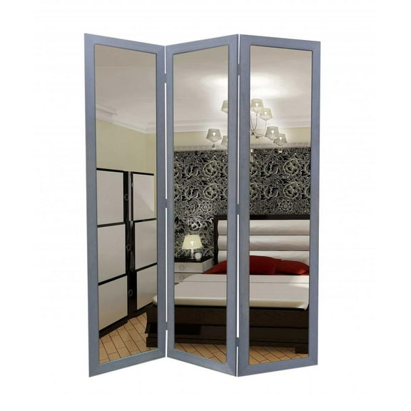 HomeRoots 274679 1 x 50 x 69 in. Glass & Wood Mirror Screen, Gray
