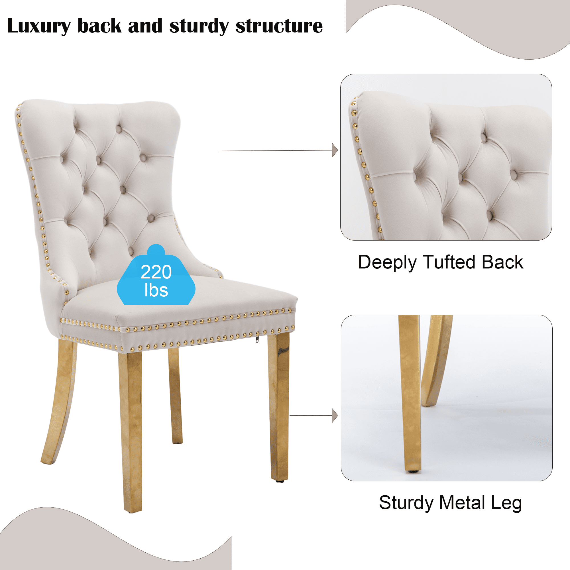 Dining Chairs, Accent Diner Chairs with Nailhead Trim and Back Ring Pull, Velvet Fabric Dining Room Chairs, Side Chair Kitchen Chairs with Golden Stainless Steel Plating Legs (Set of 4)