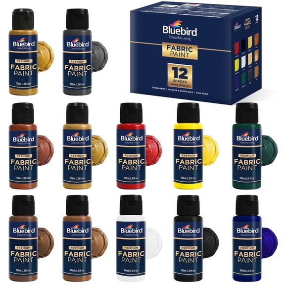 BLUEBIRD 12-Pack Fabric Paint, 3.4 Fl Oz each, Permanent Fabric Paints for Clothes