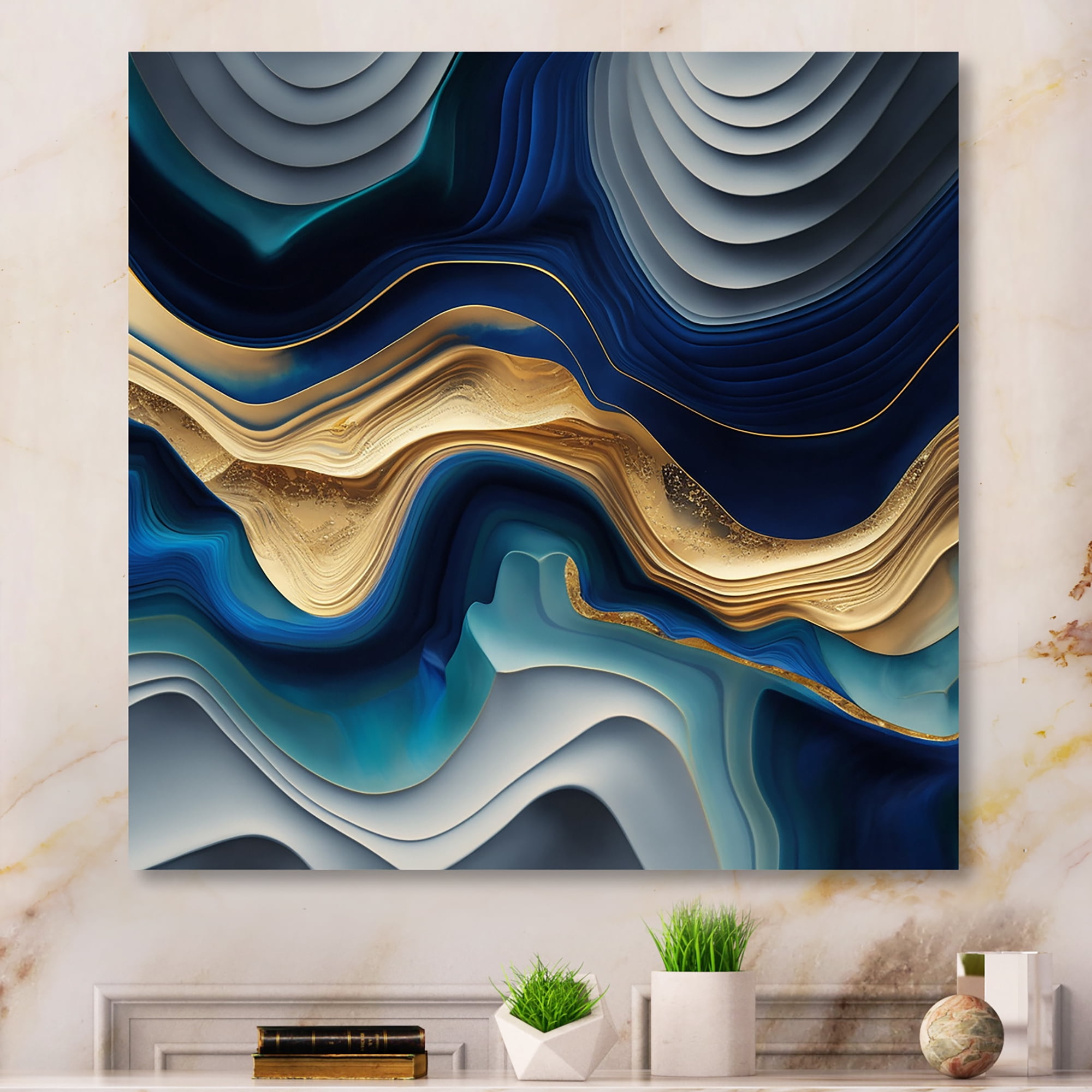 Designart Vibrant Blue And Gold Agate I Canvas Wall Art