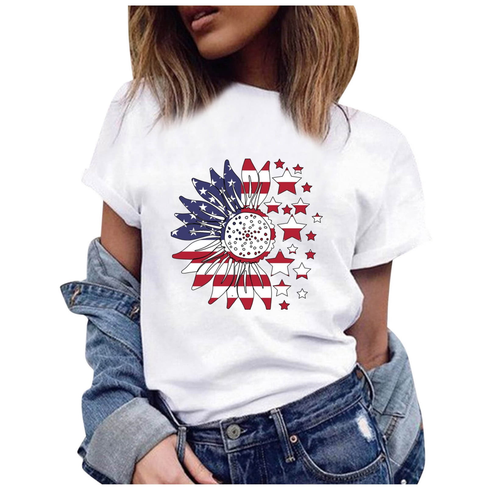 Hstore Womens V Neck Short Sleeve Tops Stripes Casual Blouse American Flag T-Shirt 