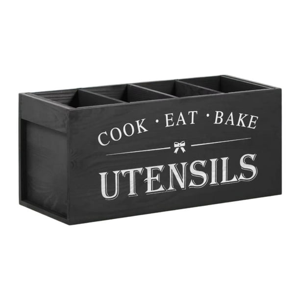 Soporte para utensilios de cocina, organizador de cubiertos, cubiertos de madera Negro
