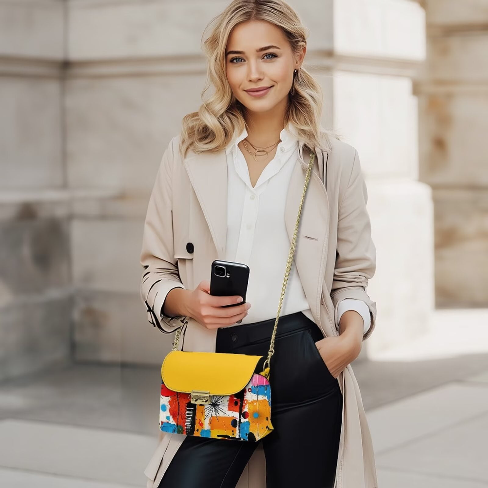 Pzuqiu Abstract Colorful Print Crossbody Bags Leather Versatile Practical Trendy Leather Quilted Shoulder Bag with Chain Strap Compact Vintage Gifts for Women