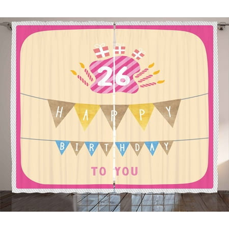 26th Birthday Curtains 2 Panels Set, Anniversary Flag with Best Wishes Message Life Modern Design Print, Window Drapes for Living Room Bedroom, 108W X 108L Inches, Peach and Hot Pink, by
