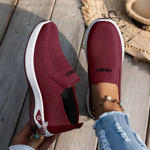 Domzle Orthopedic Shoes for Women, Women Wide Width Breathable Walking Slip on Sneakers, Lightweight Arch Support Slip on Shoes, Orthopedic Breathable Non Slip Shoe Wine 9 Wide