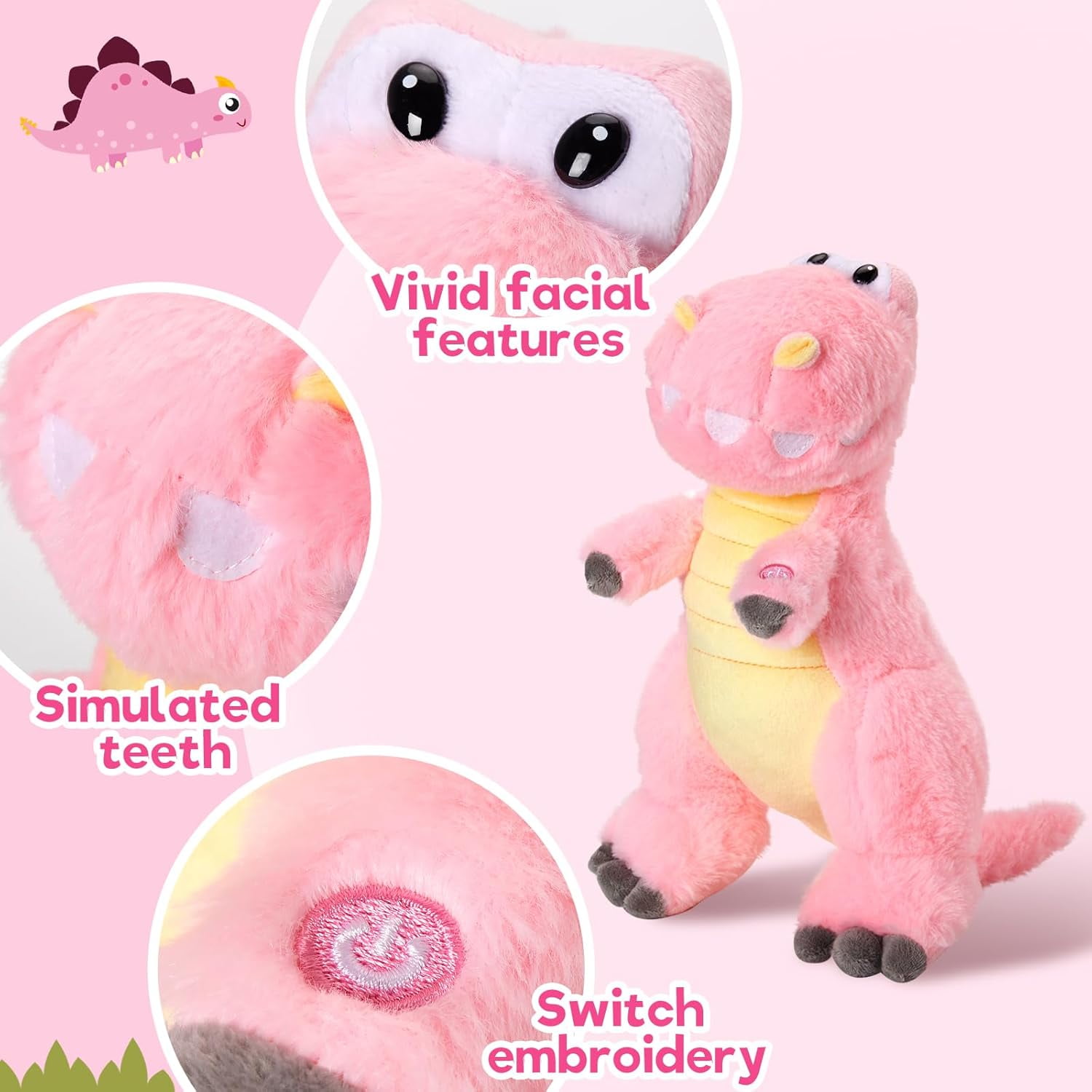 Houwsbaby 13'' Glowing LED T-Rex Dinosaur Light Up Stuffed Animal Soft Colorful Plush Toy Hugging Present for Kids Boys Girls Babies Accompany at Night Pet Decoration Holiday Birthday,Pink