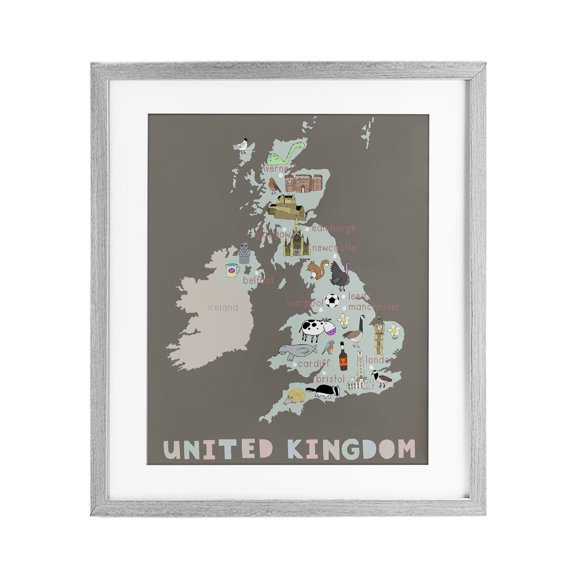 Stupell Industries Eclectic Kid's Map of United Kingdom Gray Framed Print Under Glass, 13 x 16, by Carla Daly