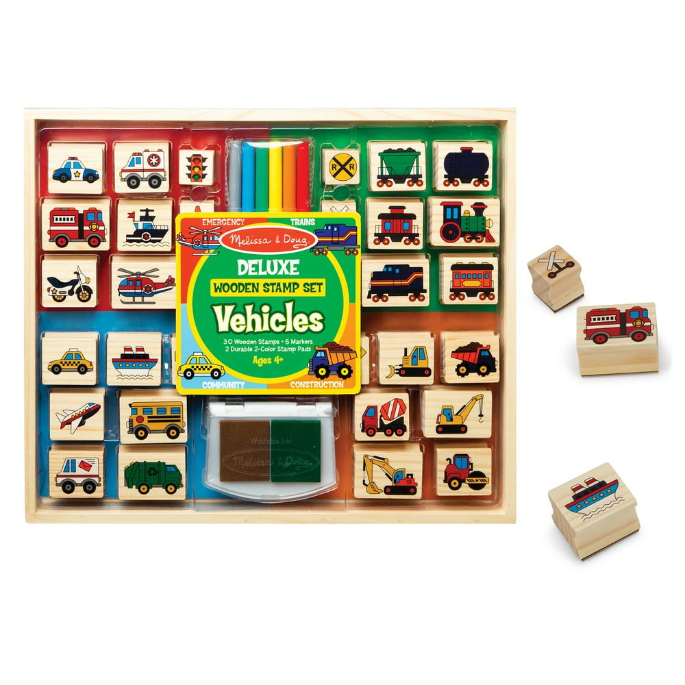 Melissa And Doug Deluxe Wooden Stamp And Coloring Set Vehicles 30