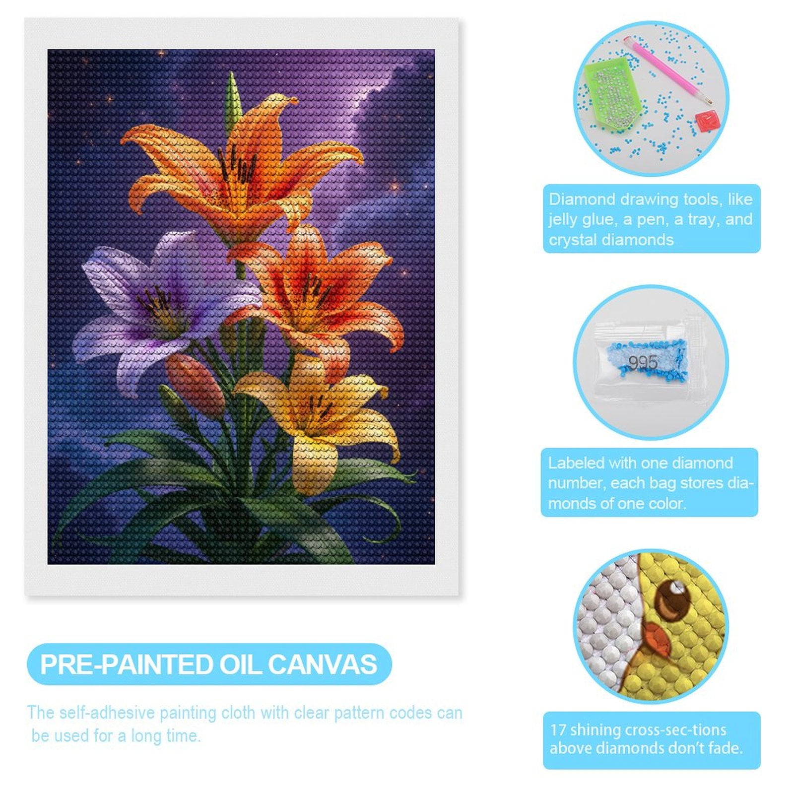 Diamond Art Kits for Adults, Lilies Cosmic Night Sky Blossoms 5D Diamond Painting Kits for Adults Beginners, DIY Full Drill Diamond Painting, Gem Art and Crafts 12x16