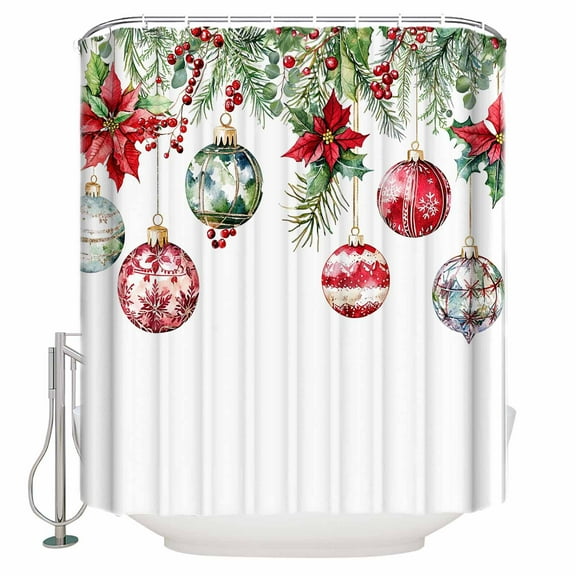 Fabric Shower Curtain, Christmas Red Green Balls Poinsettia Flowers Berry Bathroom Curtain with 12 Hooks Waterproof No Bad Odor Machine Washable Bath Curtains for Bathroom, Spa Room, 66"x72"