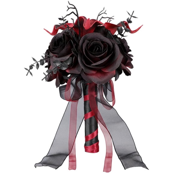 Vjnyvs Halloween Black Artificial Rose Bouquet, Gothic Fake Flower Holder for Party Centerpieces