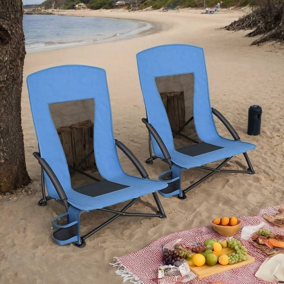 Set Of 2 Blue Portable Beach Chairs For Adults, High Backrest, Cup Holder, Lightweight, Heavy-Duty