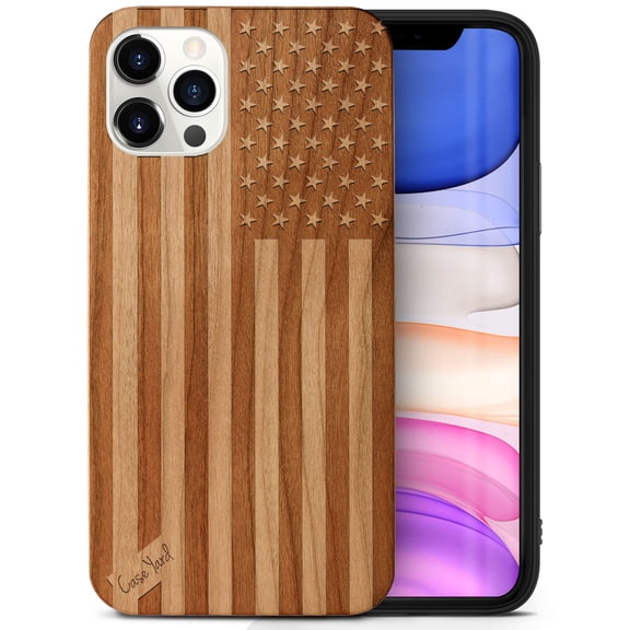 Case Yard Wooden Case Outside Soft TPU Silicone Slim Fit Shockproof Wood Protective Phone Cover for Girls Boys Men and Women Supports Wireless Charging American Flag Design case for iPhone-11-Pro-Max