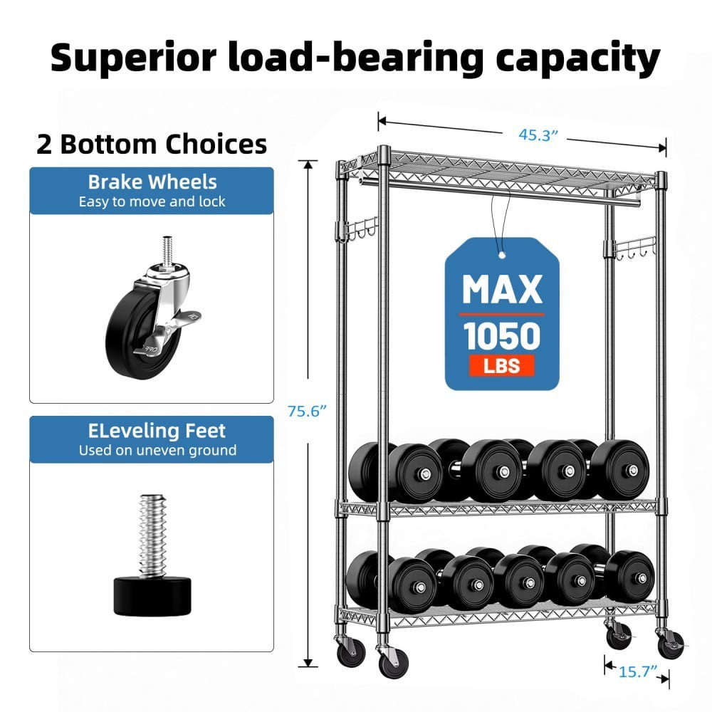 Heavy Duty Garment Rack on Wheels, Rolling Clothes Rack with Adjustable Shelves, 2 Hanging Rods, Side Hooks, Freestanding Closet Organizer, Chrome