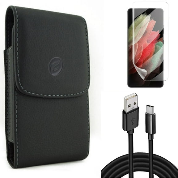 10ft USB Cable & Matte Screen Protector & Case Belt Clip for Samsung Galaxy S21 Ultra Phone - Type-C Charger Cord & TPU Film Anti-Glare & Leather Holster Accessory Bundle
