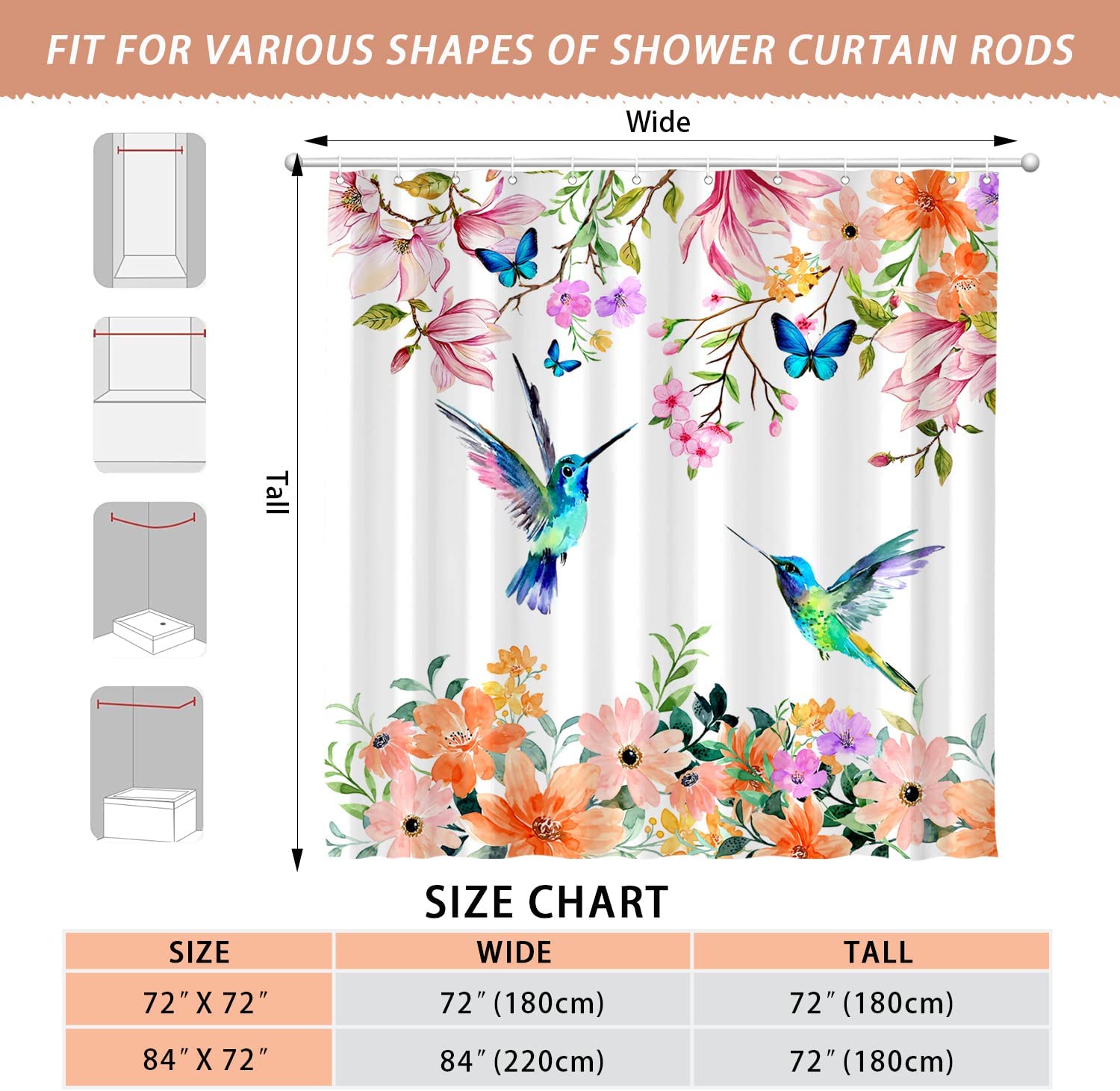 Watercolor Flower Hummingbird Shower Curtain for Bathroom Set Modern Floral Bird Home Bathtub Decor with 12 Hooks Washable Durable Polyester Fabric 72"x72"