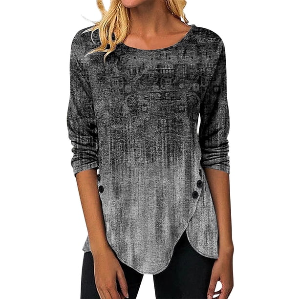 Gibobby Blusas De Mujer Camiseta de manga larga suelta con cuello redondo y estampado a la moda para mujer(Gris, XL)