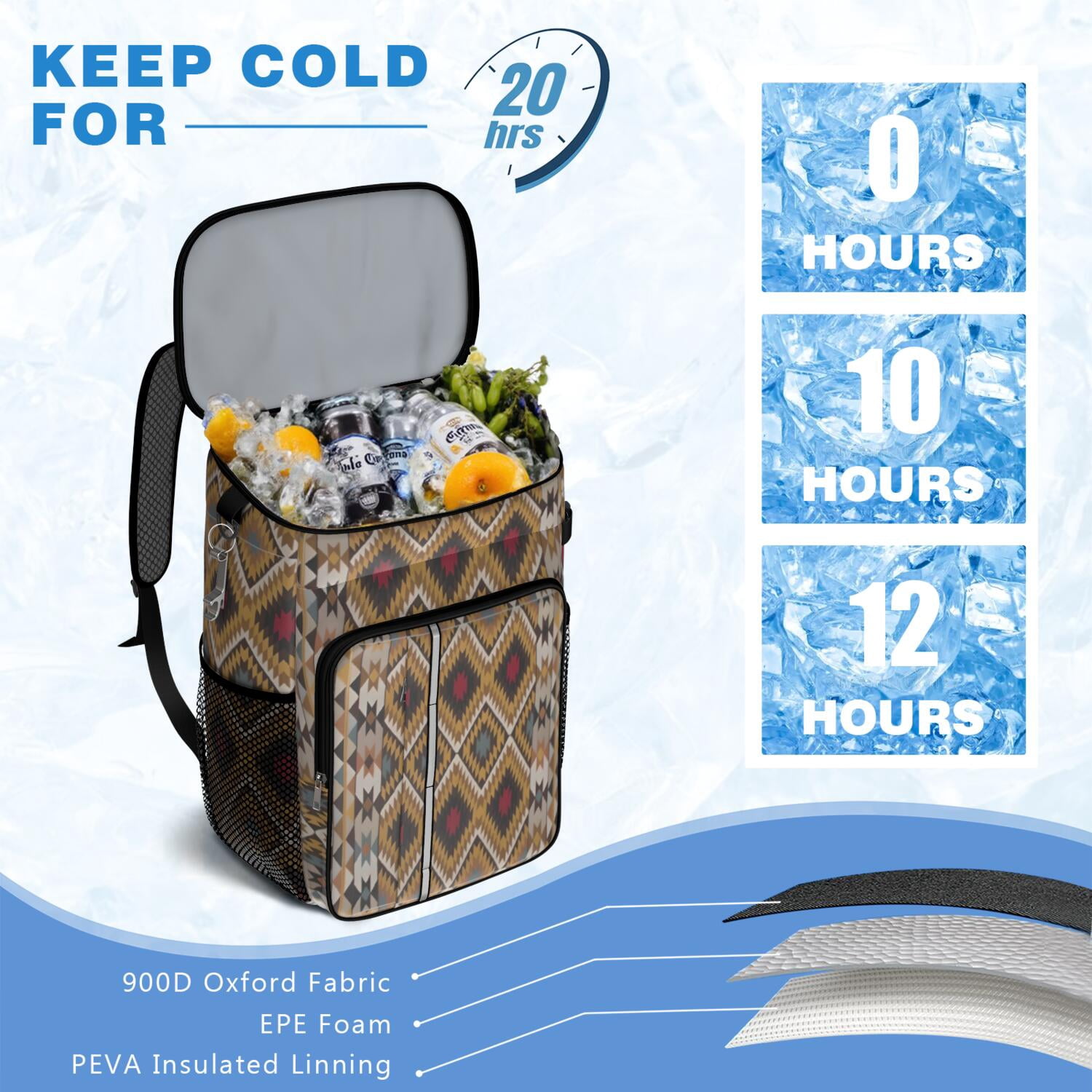 Travel Cooler Bag - Boho Bohemia Pioneer Flower Geometric Line Art Camping Beer Cooler Backpack with Bottle Opener- Waterproof Insulated Picnic Backpacks - Cooler Bag for Beach