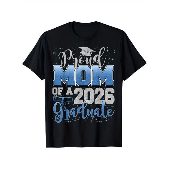 Proud Mom of a Class of 2026 Graduate Senior T-Shirt Retro Graduation Party Apparel Blue Silver Sparkle Style Gift for Women