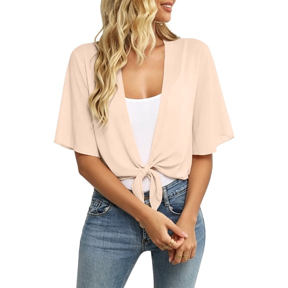 Women's 2026 Summer Lightweight Short Chiffon Bolero Cardigan Shrug Sheer Tie Front Top 3/4 Sleeve Jacket for Dress