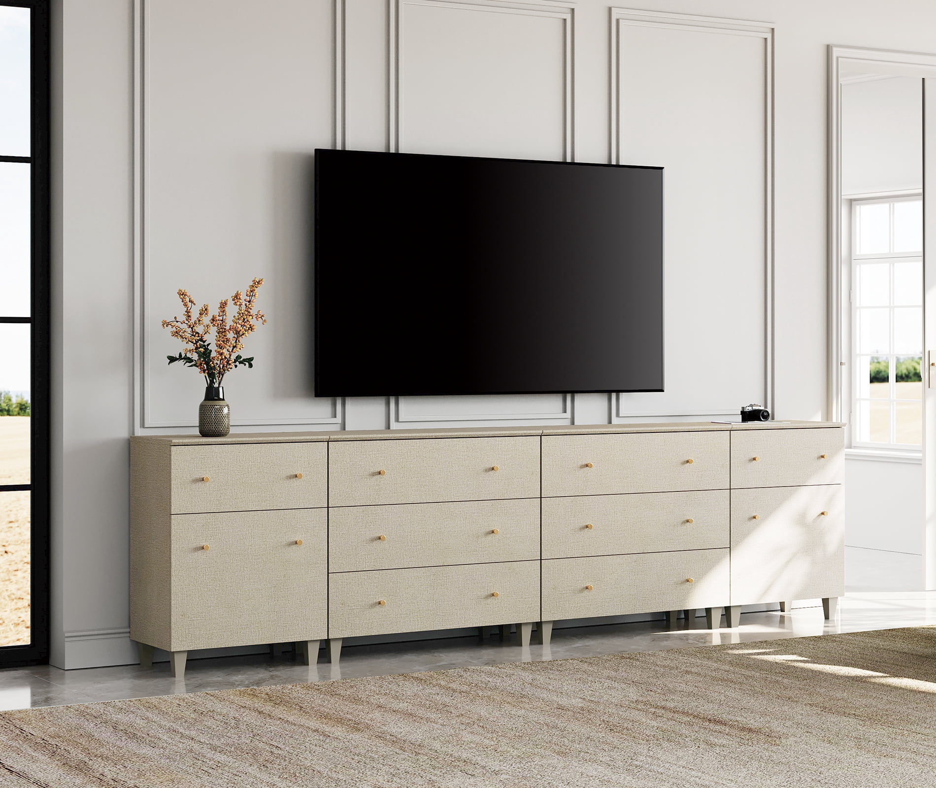 WAMPAT Wide Modern TV Stand for 110+ Inches TVs, 4-in-1 Large Wooden Media Console with 8 Spacious Drawers and 2 Storage Cabinets for Living Room, Beige