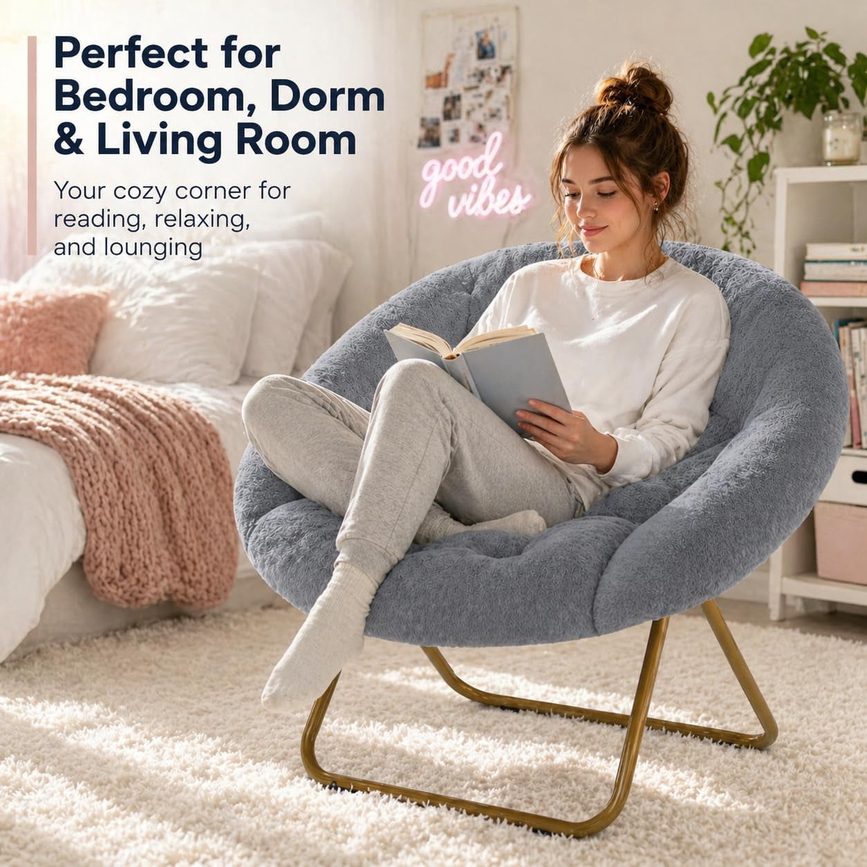 Cozy Chair, Faux Fur Saucer Chair for Bedroom, Comfy Foldable Moon Chair, Round Fluffy Chair for Living Room, Fuzzy Saucer Chairs for Adults Room, Grey