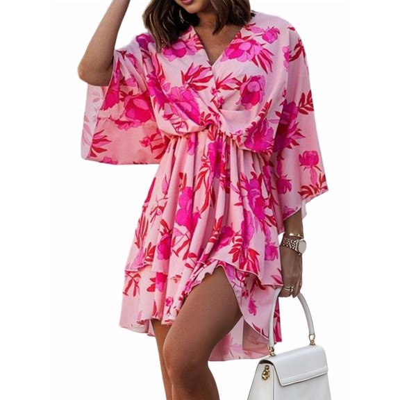Women'S V-Neck Fashion Print Wavy Sleeve Skirt Dress Summer Spring Floral Boho Dress Red S