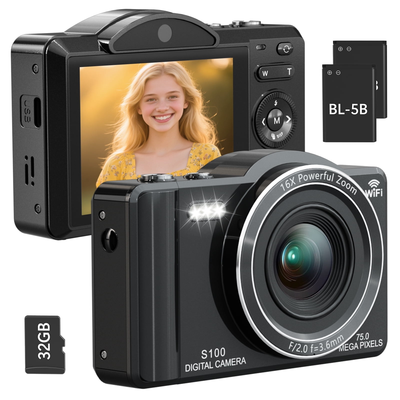 Saneen Digital Camera 4K 75MP Dual Camera for Youtube 2.8'' Vlogging Cameras 16X Digital Zoom 32GB Card Mini Cameras for Teens Black