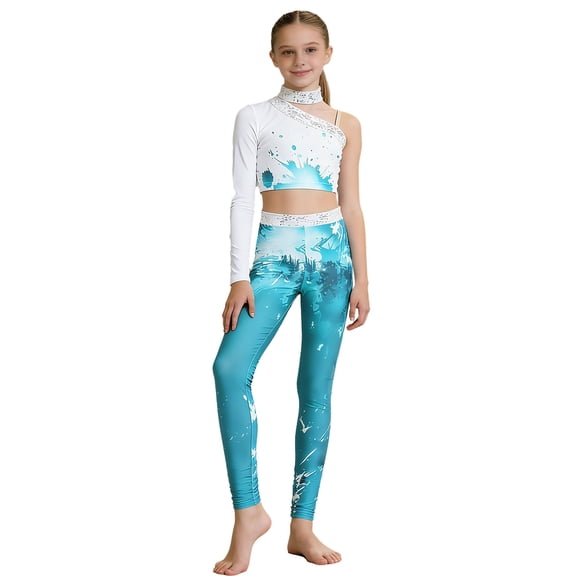 vastwit Kids Girls 2 Piece Sports Outfit Long Sleeve Crop Top and Leggings Workout Set for Dance Gymnastics Yoga Light Blue 14