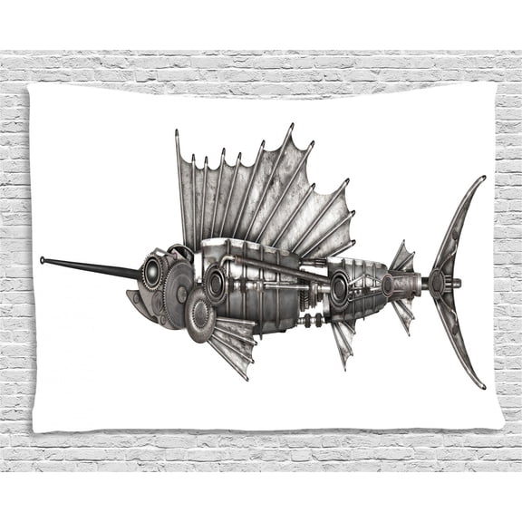Steampunk Tapestry, Mechanical Animal Photo of Steampunk Style Sailfish Designed with Wheels, Wall Hanging for Bedroom Living Room Dorm Decor, 60W X 40L Inches, Grey and White, by Ambesonne