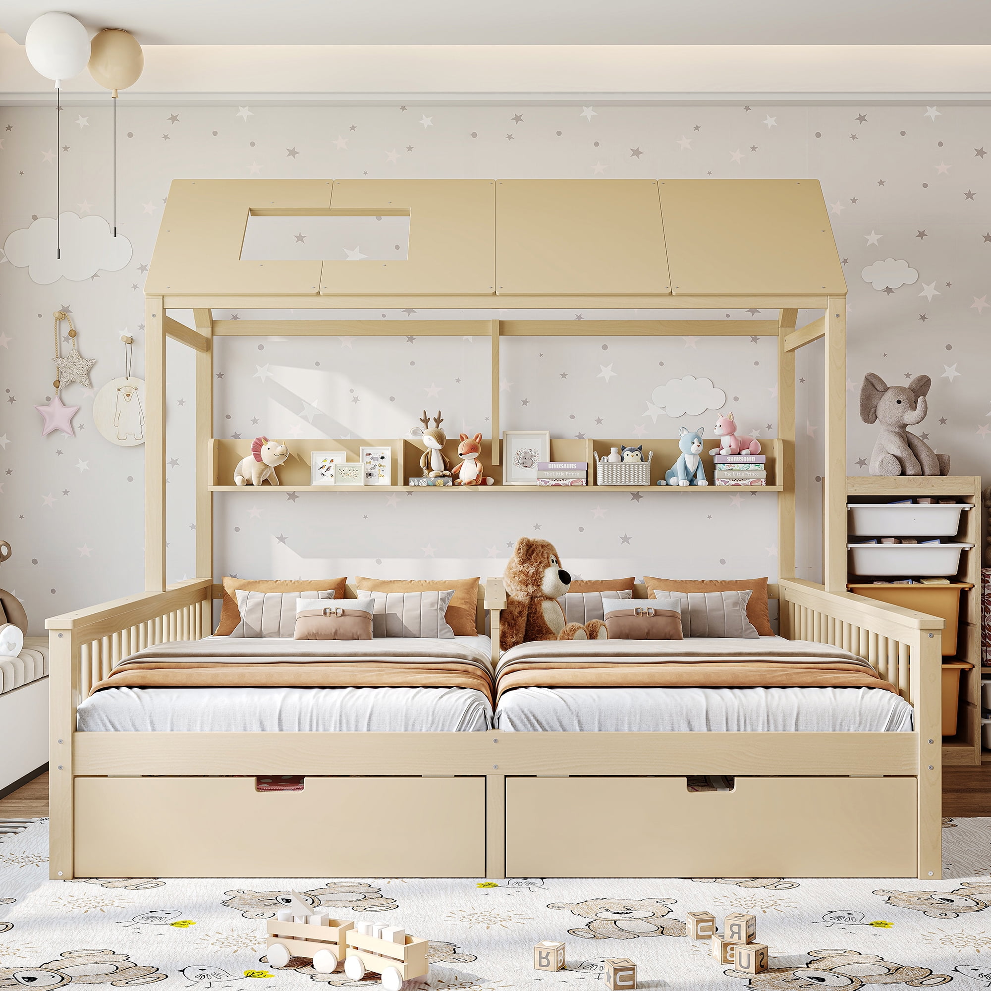 Leumius Double Twin Platform Bed Frame with Storage Shelves and Drawers, House Platform Bed with Support Slats, Childlike and Playhouse Design for Boys Girls Natural