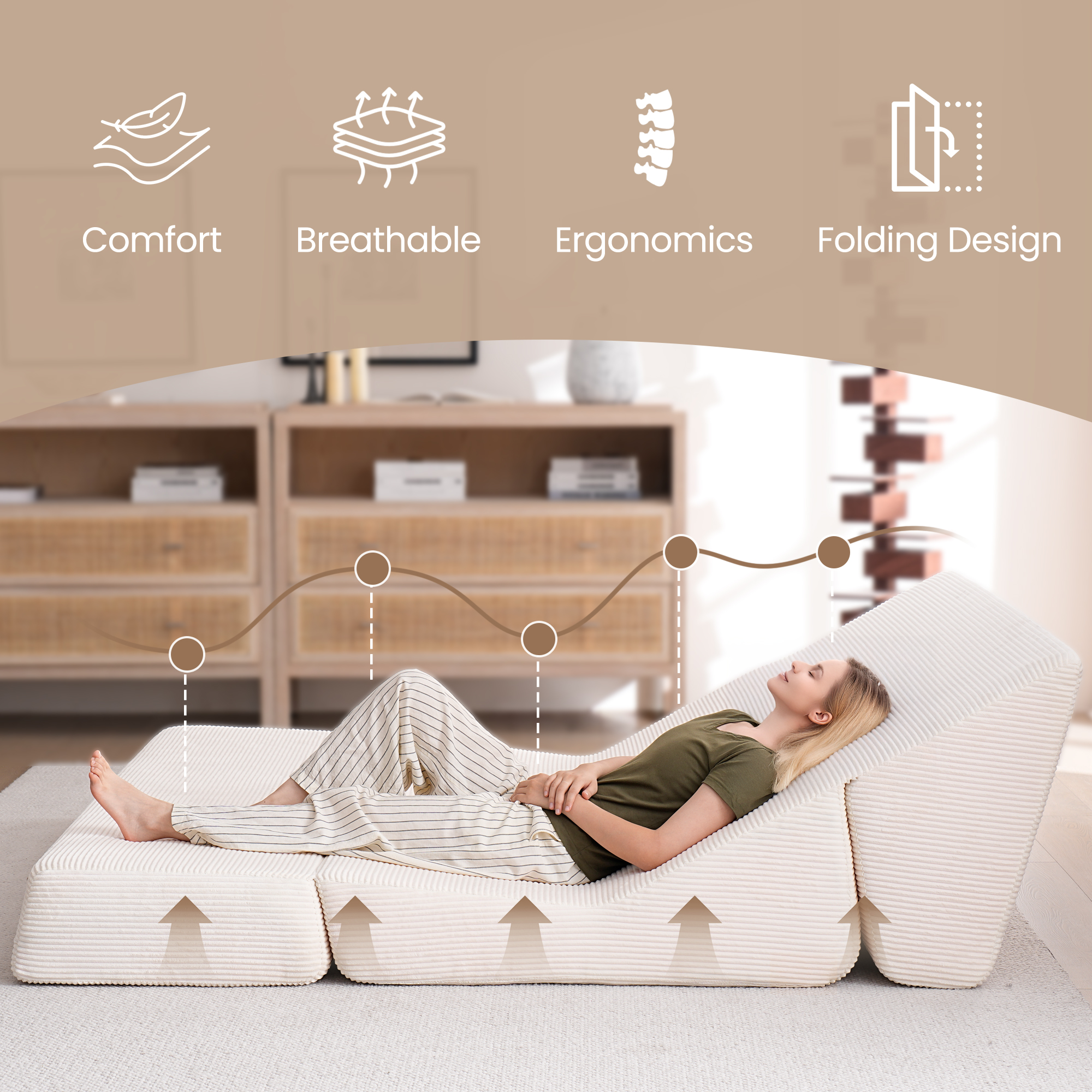 Vorthio Folding Sofa Bed, Convertible Sleeper Chair with Pillows, High Support Memory Foam & Soft Corduroy Fbric, Comfy Couch Bed, Floor Loveseat Couch for Living Room,White